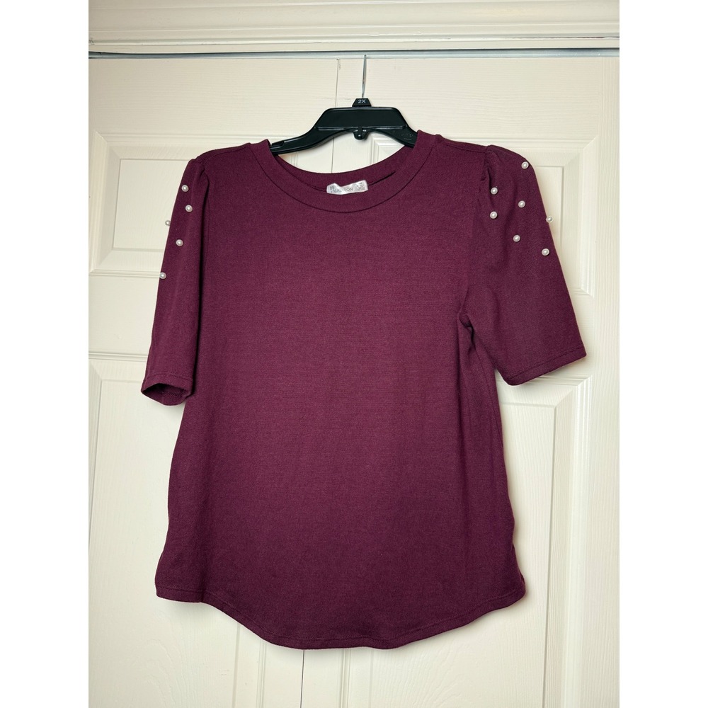 89th & Madison burgundy puff sleeve pearl bead‎ embellishments top